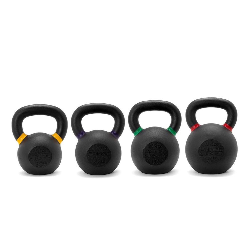 Solid Cast Iron Kettlebell Set for Strength Training - 16/20 /24 /32lb Weights/Color Coded Bands