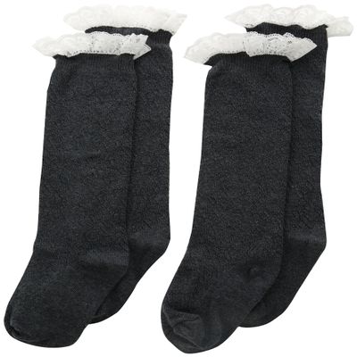 Jefferies Socks Girl's Lace Boot Knee High 2 Pair Pack, Charcoal, Medium