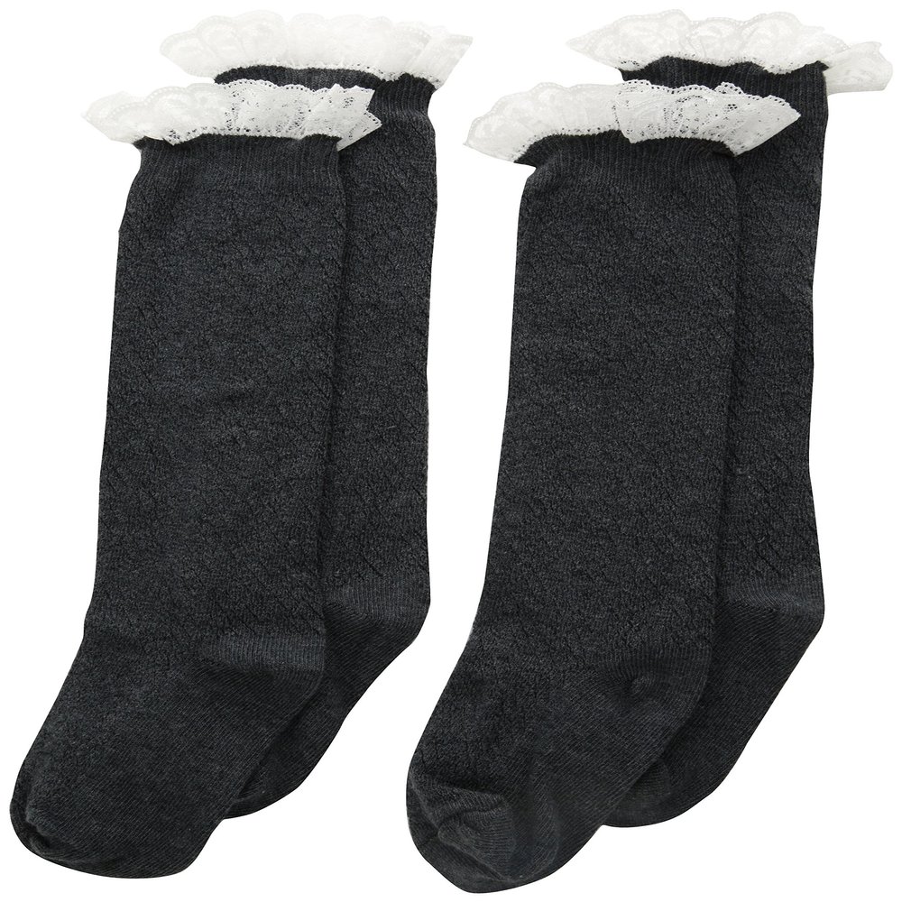 Jefferies Socks Girl's Lace Boot Knee High 2 Pair Pack, Charcoal, Medium