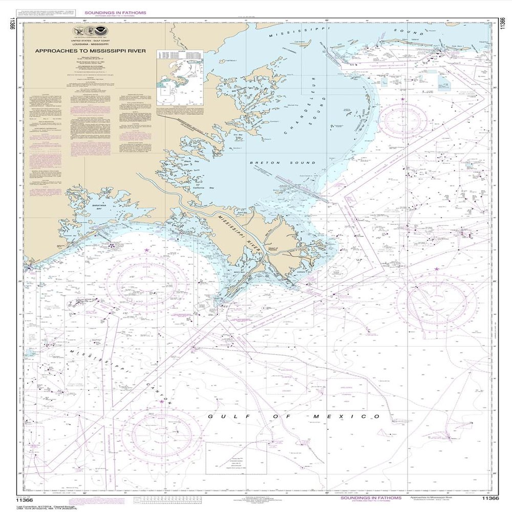 Paradise Cay Publications, Inc. NOAA Chart 11366: Approaches to Mississippi River, 32.4 X 46.2, Traditional Paper