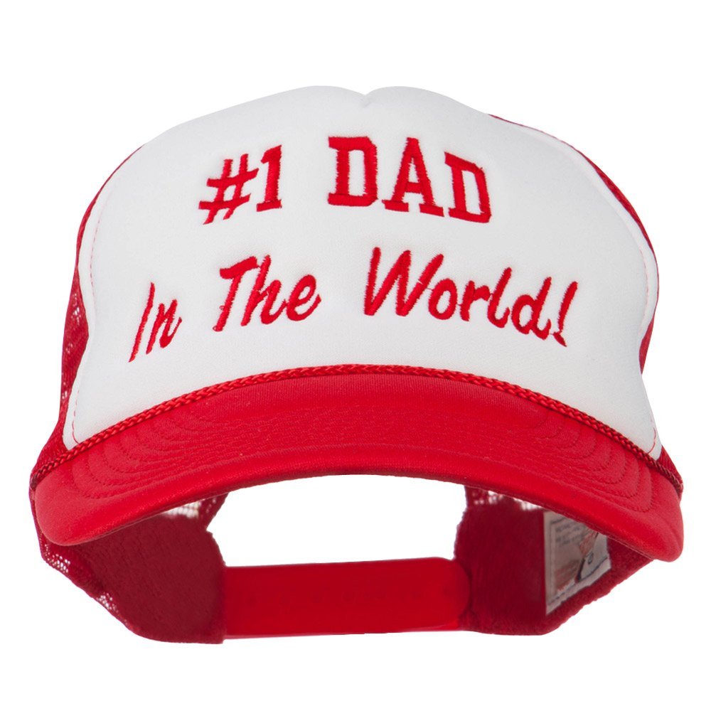 Number 1 Dad in The World Embroidered Foam Mesh Back Cap - Red White Red OSFM