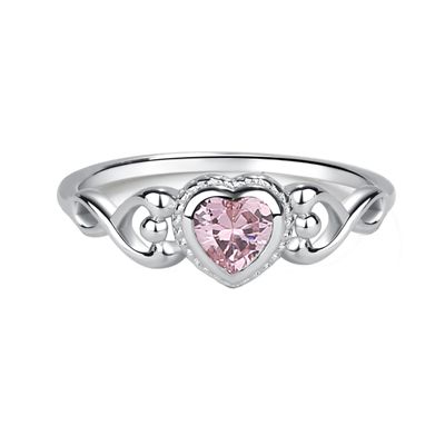 Precious Pieces 925 Sterling Silver October CZ Simulated Birthstone Baby Ring with Heart for Little Girls, Kids and Toddlers (Size 4)