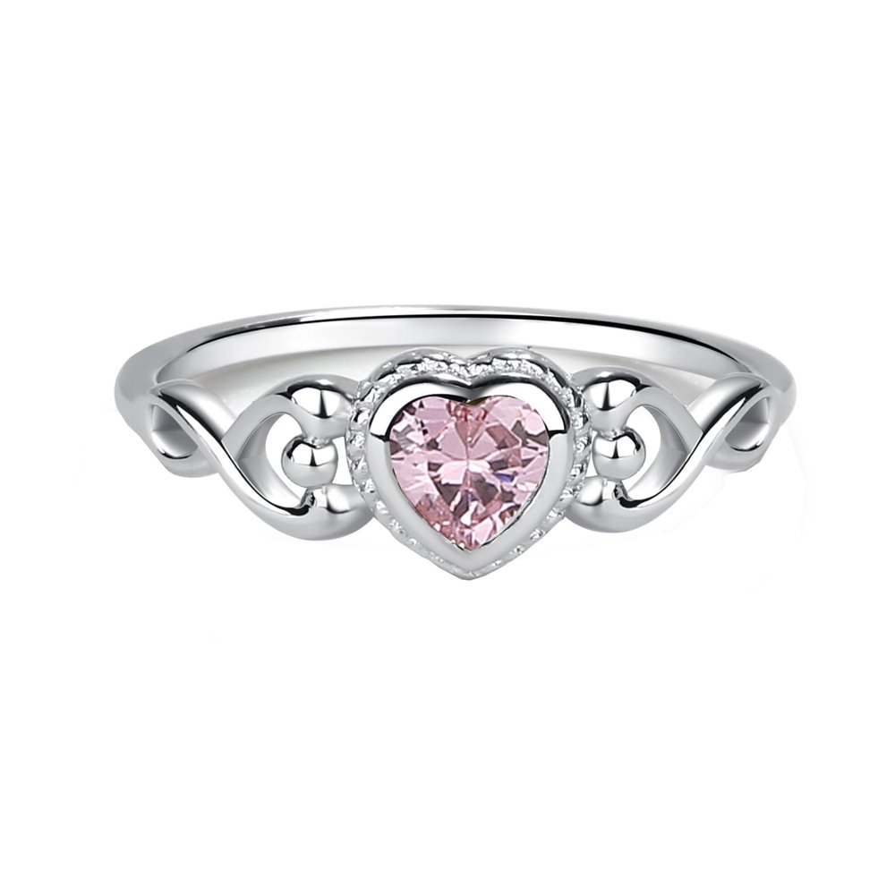 Precious Pieces 925 Sterling Silver October CZ Simulated Birthstone Baby Ring with Heart for Little Girls, Kids and Toddlers (Size 4)