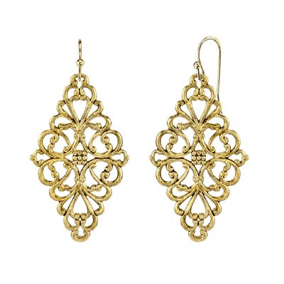 1928 Jewelry Diamond Symmetrical Gold Tone Filigree Drop Earrings For Women, Vintage Baroque Style Motifs
