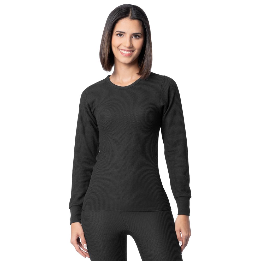 Indera Women's Traditional Thermals Underwear Long Sleeve Crew Top, Black, Large