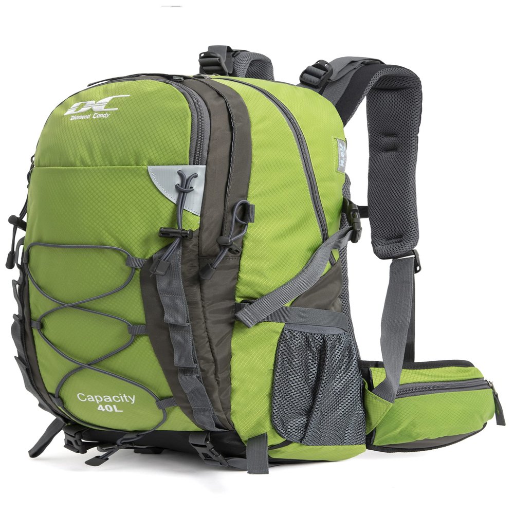 Diamond Candy Waterproof Hiking Backpack for Men and Women, Lightweight Day Pack for Travel Camping, Green, 40L