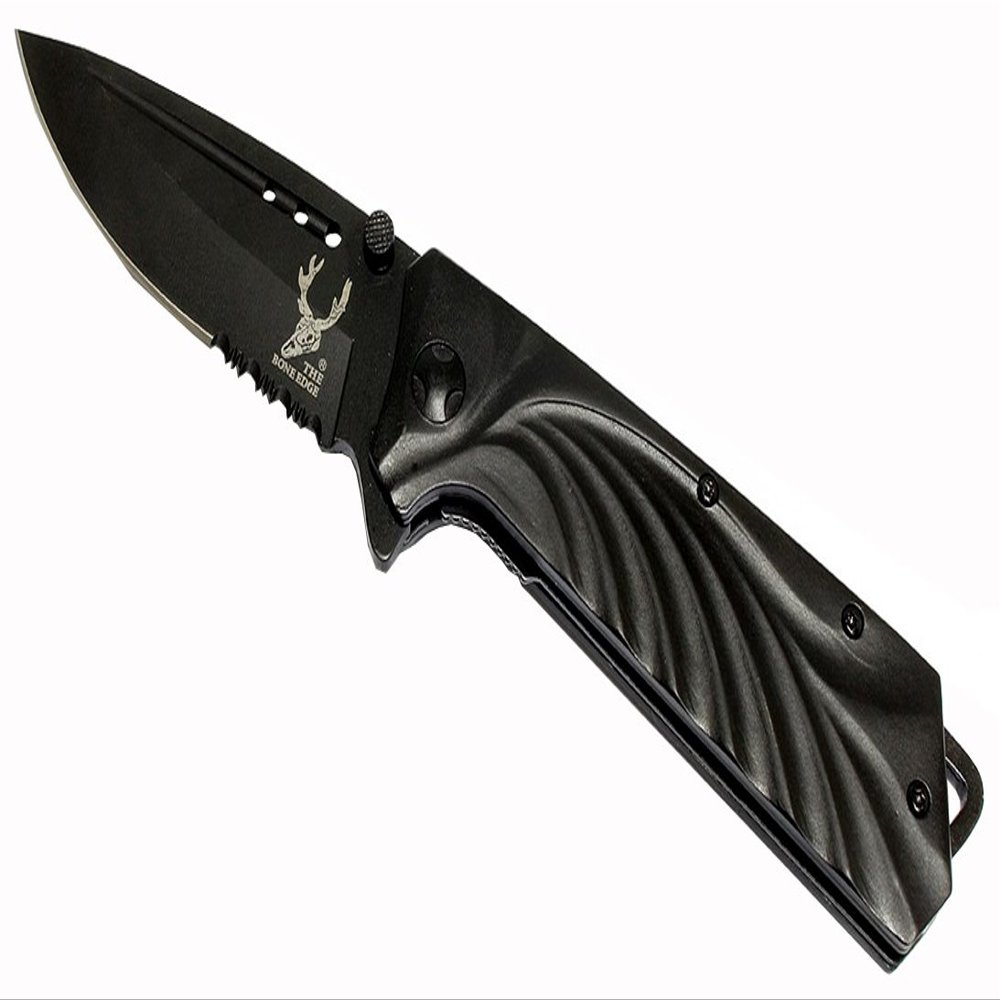 THE BONE EDGE 8.5" Collection Black Spring Assisted Folding Knife with Belt Clip