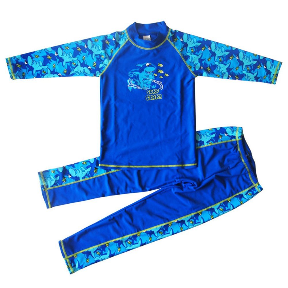 Banner Bonnie Boys' Long Sleeve 2-Pieces Sun Protective Rashgurad Swimsuit Beachwear Set UPF 50+ (Blue, 6-7 Years)