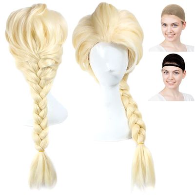 CaseEden Frozen Cosplay Wig, Elsa Queen Elsa Braid, Long, Gold, Blonde, White Melce Wig Net, Set of 2