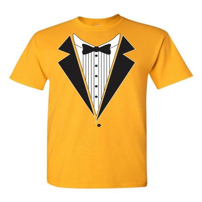 Tuxedo Bow Tie Adult DT T-Shirt Tee (Small, Gold)