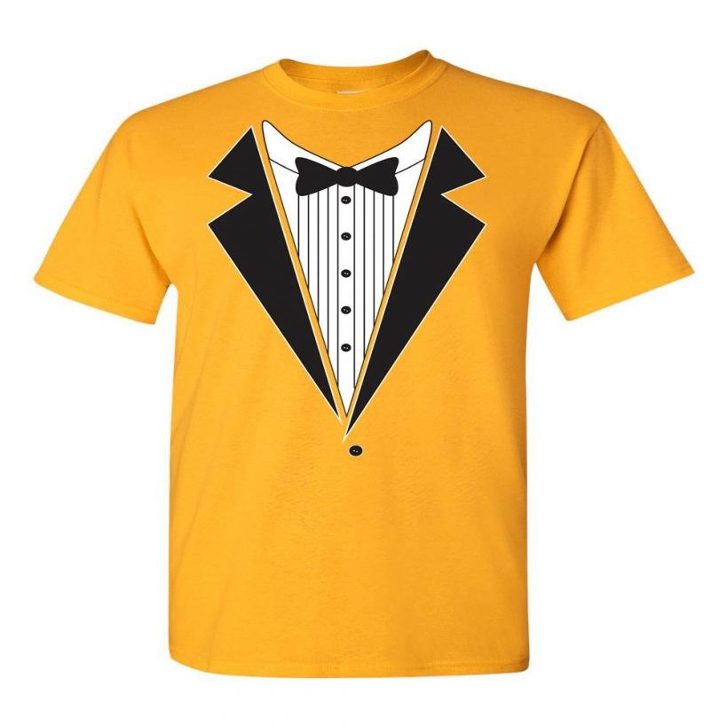 Tuxedo Bow Tie Adult DT T-Shirt Tee (Small, Gold)