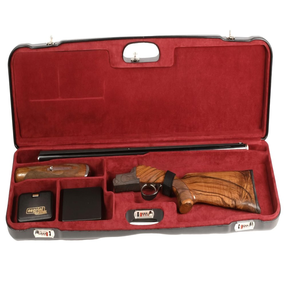 Negrini Luxury Shotgun Case - Hard Case for Over/Under, Un-Single, or Top-Single Shotgun - Fits 1 Shotgun, Up to 34 Barrels - Airline Approved, TSA Locks - Made in Italy - Black/Bordeaux
