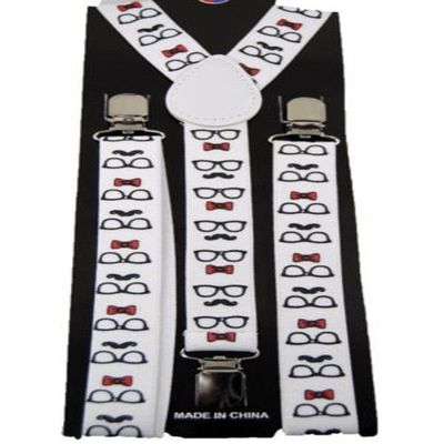 Adult Youth Sunglasses Mustaches on White Suspenders-Mustache Suspenders-Brand New Factory Sealed!