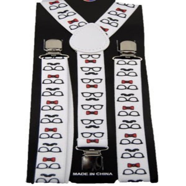 Adult Youth Sunglasses Mustaches on White Suspenders-Mustache Suspenders-Brand New Factory Sealed!