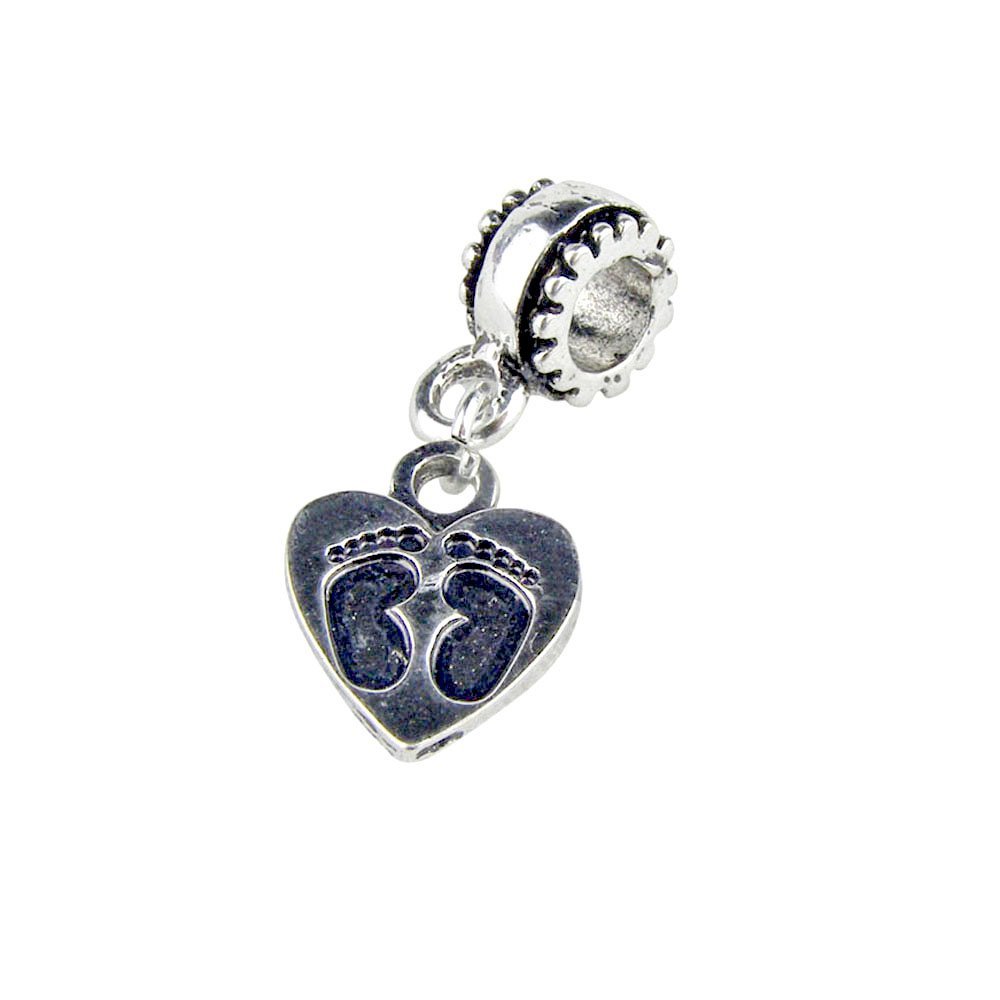 UniqueBeadsAndGifts Universal Baby Footprints in Heart Charm, Footprint Heart Bead for Bracelet