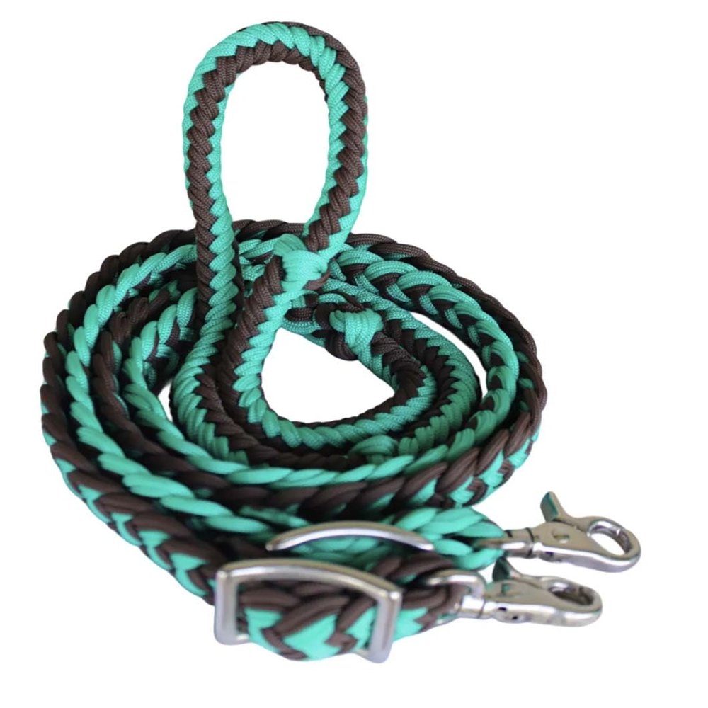 Challenger Western Nylon Braided Roping Knotted Barrel Reins Sea Green Brown 60764