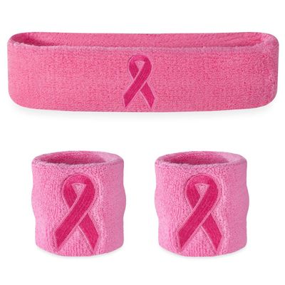 Suddora Sweatbands Set, Moisture Wicking 2 Wristbands and 1 Headband, Lightweight & Breathable Terry Cloth Athletic Sweat Bands for Basketball, Tennis, Working Out, Yoga, Gym, Pink Ribbon