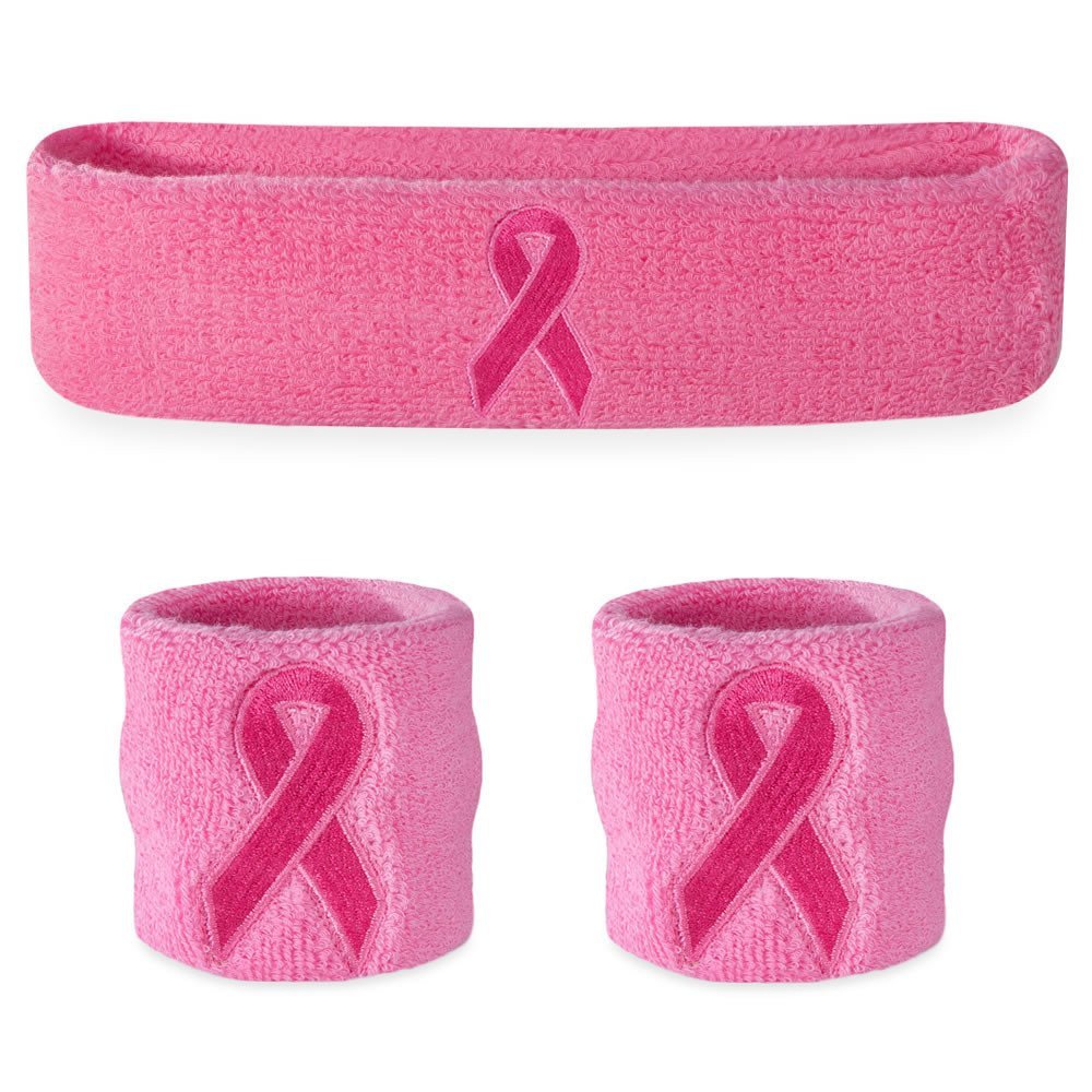Suddora Sweatbands Set, Moisture Wicking 2 Wristbands and 1 Headband, Lightweight & Breathable Terry Cloth Athletic Sweat Bands for Basketball, Tennis, Working Out, Yoga, Gym, Pink Ribbon