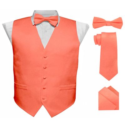 Vittorio Farina Solid Suit Vest for Men Set of 4 - Vest, Tie, Bow Tie & Pocket Square (Coral, 3XL)