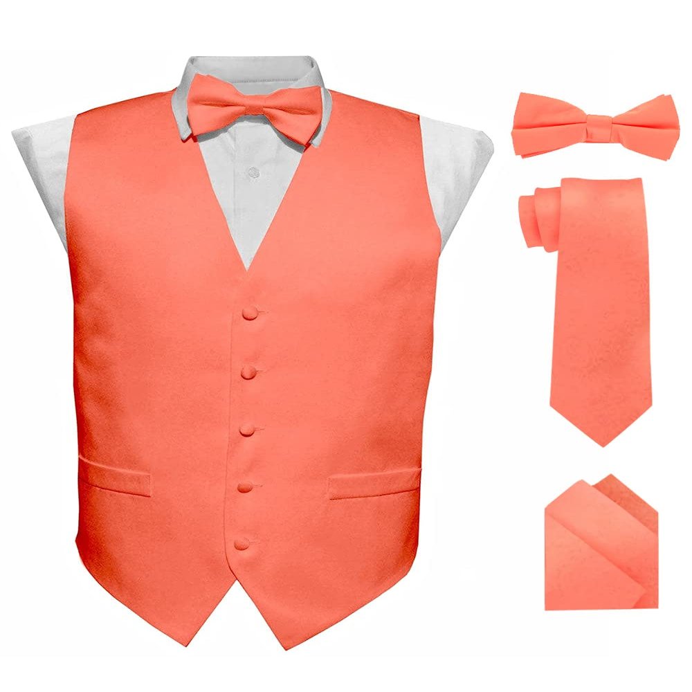 Vittorio Farina Solid Suit Vest for Men Set of 4 - Vest, Tie, Bow Tie & Pocket Square (Coral, 3XL)