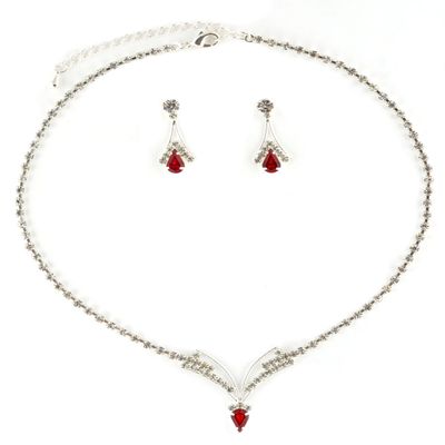 Topwholesalejewel Jewelry Set V Necklace Stud Earring Crystal Rhinestone Silver Siam Pear