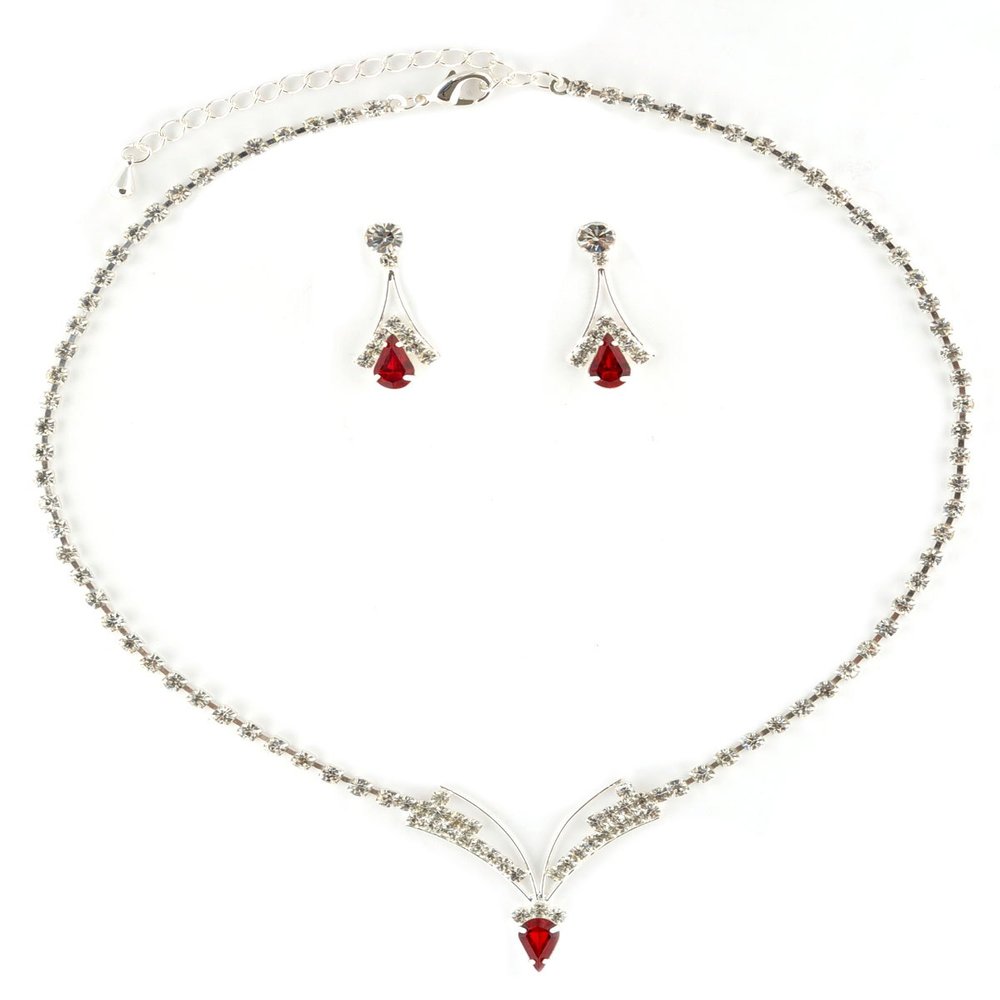 Topwholesalejewel Jewelry Set V Necklace Stud Earring Crystal Rhinestone Silver Siam Pear