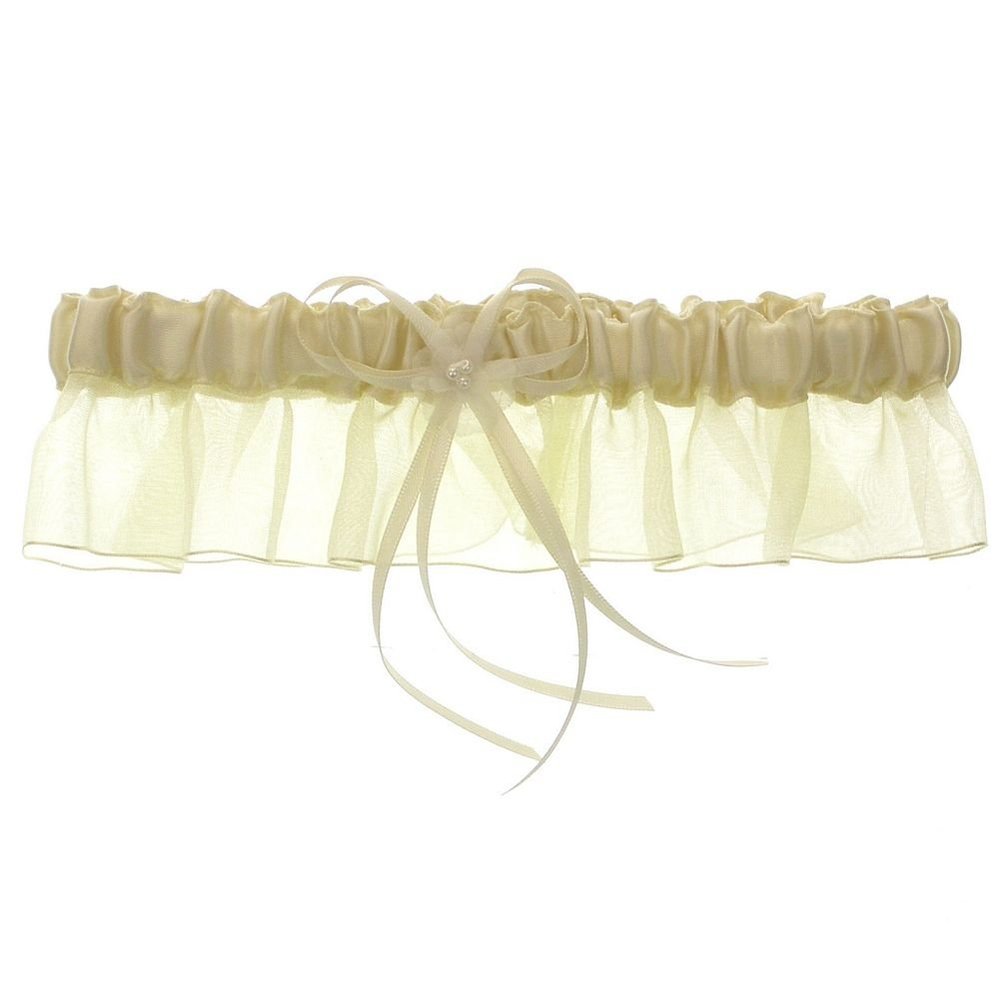 DivaDesigns Satin and Chiffon Ruffle Garter with Faux Pearls Ivory