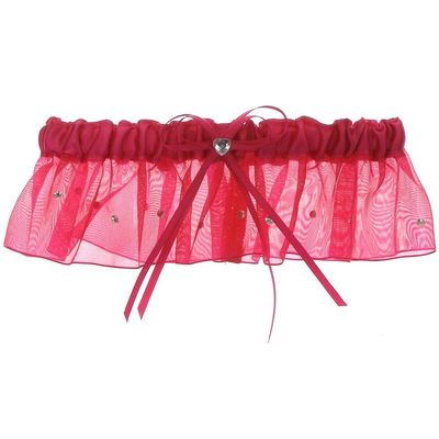 DivaDesigns Satin and Chiffon Ruffle Garter with Heart Shaped Crystal and Scattered Crystals Fuchsia