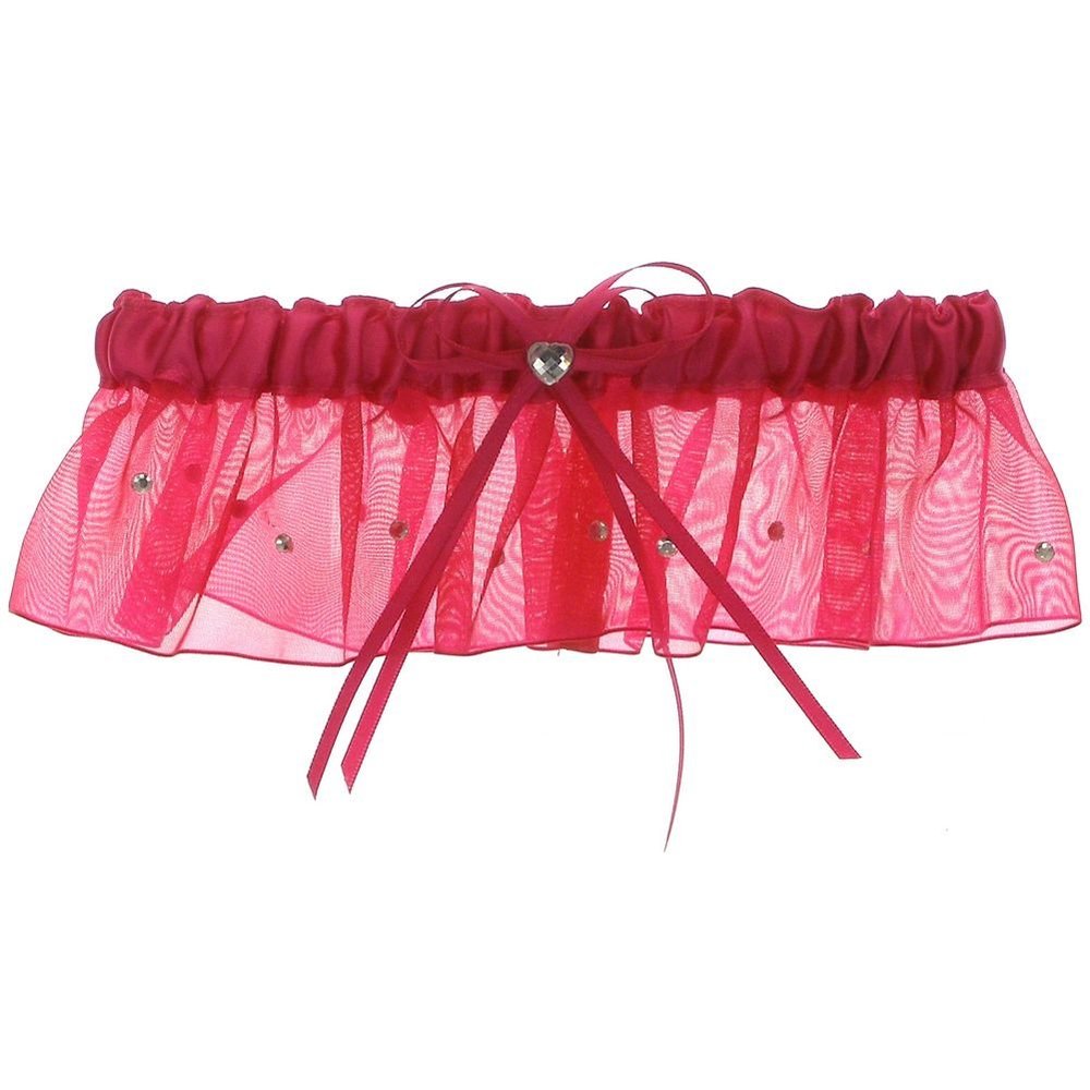 DivaDesigns Satin and Chiffon Ruffle Garter with Heart Shaped Crystal and Scattered Crystals Fuchsia