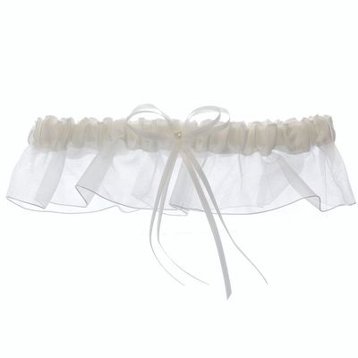 DivaDesigns Satin and Chiffon Ruffle Garter with Faux Pearls White