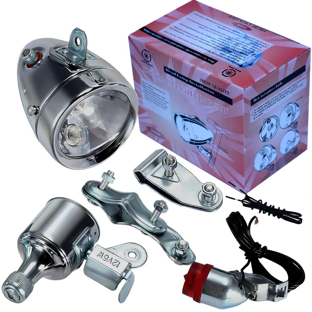 AXITRON Bicycle Motorized Bike Friction Generator Headlight Tail Light Kit 12V 6W