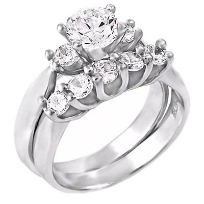 1000 Jewels Sterling Silver 1.41ct Ice on Fire CZ 2 Pc 3 and 5 Stone Design Wedding Ring Set, Pembroke sz 9.0
