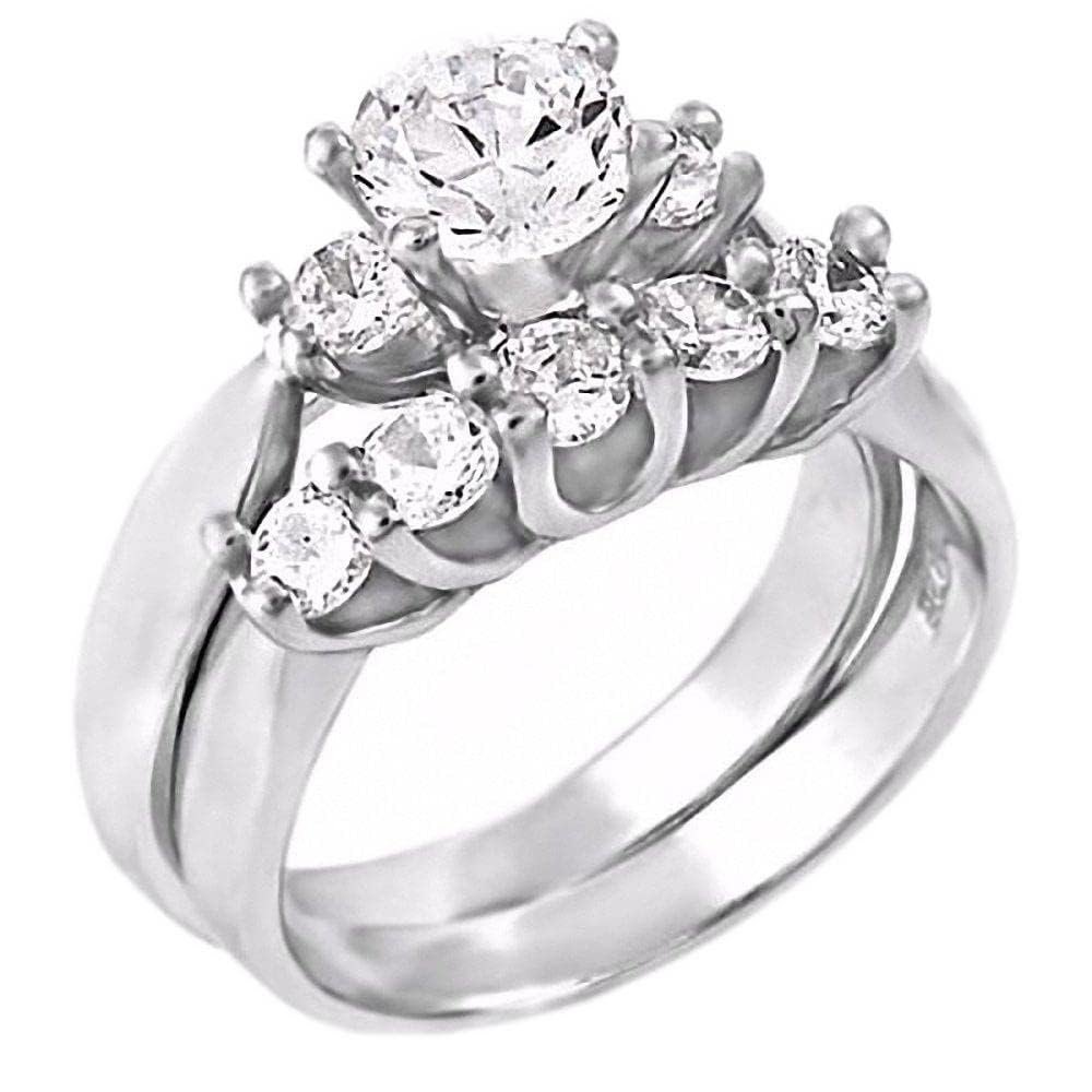 1000 Jewels Sterling Silver 1.41ct Ice on Fire CZ 2 Pc 3 and 5 Stone Design Wedding Ring Set, Pembroke sz 9.0