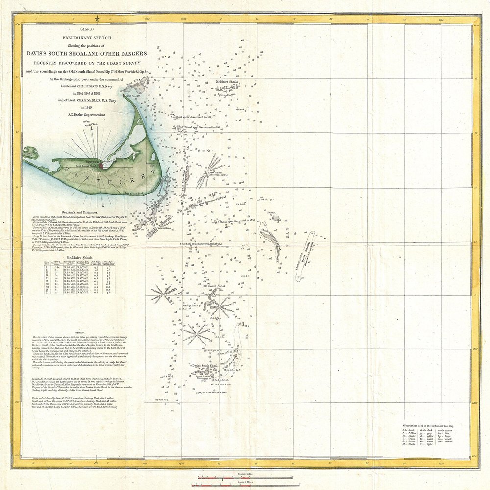1849 U.S. Coast Survey Map of Nantucket and the Davis Shoals. Preliminary Sketch Showing the positions of Davis's South Shoal and Other Dangers Recently Discovered by the Coast Survey and the sounding on the Old South Shoal, Bass Rip, Old Man, Pochic