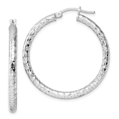 925 Sterling Silver Rhodium-plated 3mm Diamond-cut Hoop Earrings