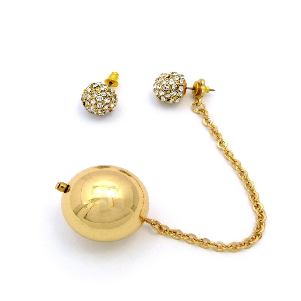 12mm Encrusted Ball Stud Earrings with Polished Ball Drop Chain Accent, Gold-Tone