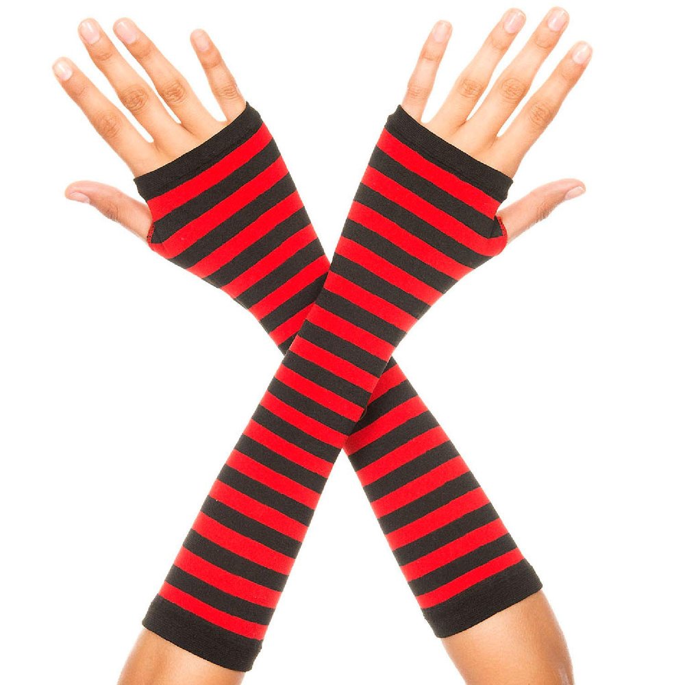 Music Legs Stripe Fingerless Gloves. Black/Red