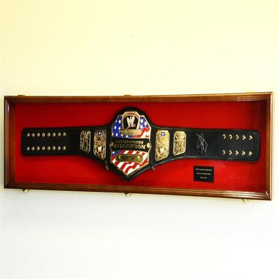 WWE WWF Wrestling Championship Adult Size Belt Display CASE Frame Cabinet Box 54" (Walnut Finish, Red Background)