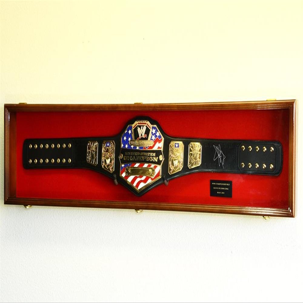 WWE WWF Wrestling Championship Adult Size Belt Display CASE Frame Cabinet Box 54" (Walnut Finish, Red Background)