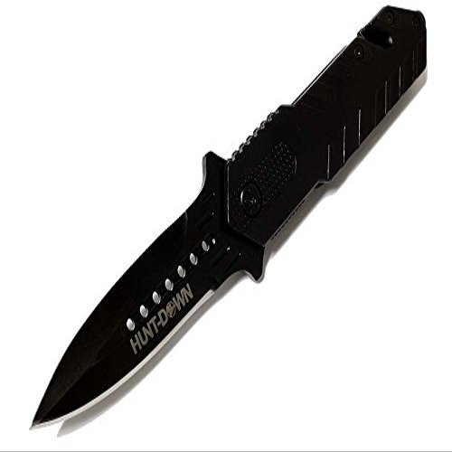 HUNT-DOWN 8 1/2" Black Folding Spring Assisted Knife with Belt Clip