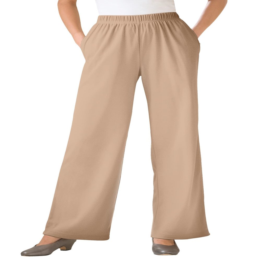 Woman Within Plus Size Tall 7-Day Knit Wide-Leg Pull-On Pants - 2X, New Khaki