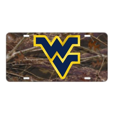West Virginia Mountianeers Laser Cut Inlaid Mirrored Woodland CAMO Plate w/Blue/Yellow WV