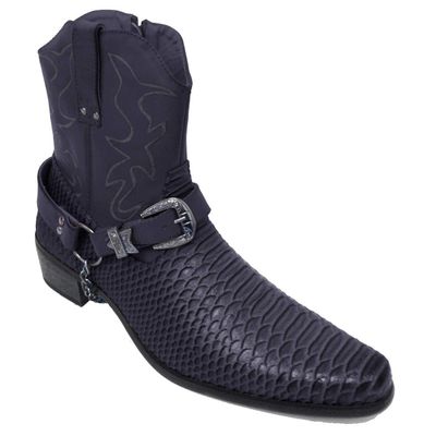 AF Mens Cowboy Boots Western Alligator Snake Skin Print Crocodile Zippper Buckle Harness Chain Ankle Shoes,Black-9