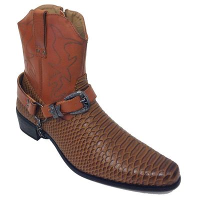 AF J-jap Mens Cowboy Boots Western Snake Skin Print Alligator Crocodile Zippper Buckle Harness Chain Ankle Shoes (8 D(M) US, Brown)