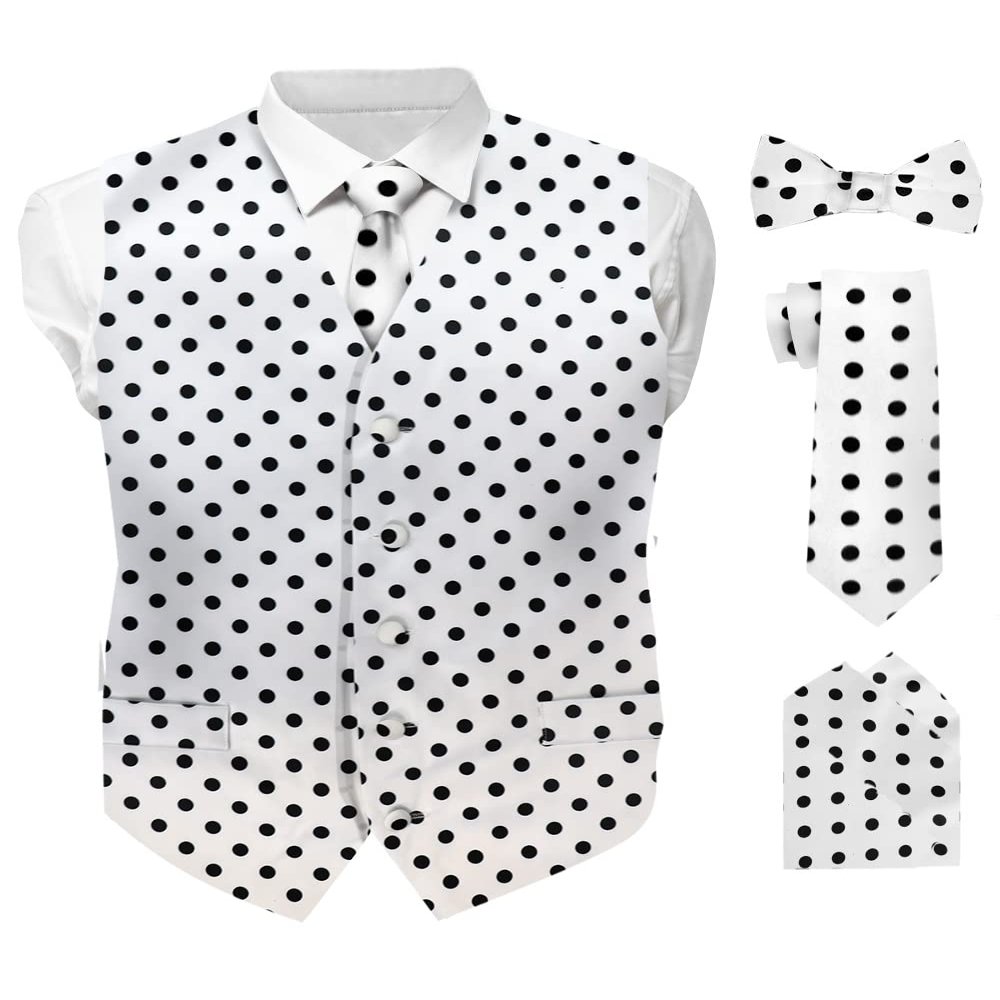 Vittorio Farina Polka Dot Suit Vest for Men Set of 4 - Vest, Necktie, Bow Tie & Pocket Square (White & Black, 2XL)
