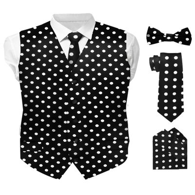 Vittorio Farina Polka Dot Suit Vest for Men Set of 4 - Vest, Necktie, Bow Tie & Pocket Square (Black & White)
