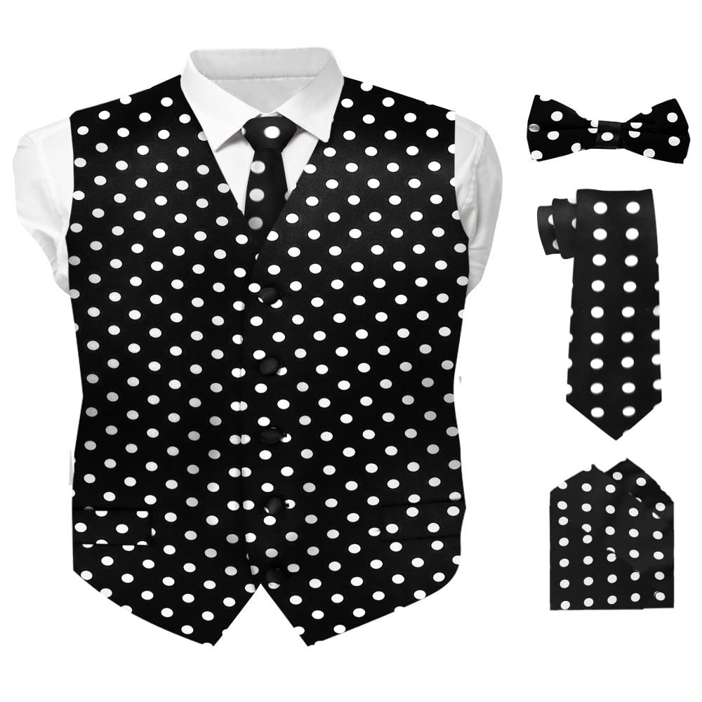 Vittorio Farina Polka Dot Suit Vest for Men Set of 4 - Vest, Necktie, Bow Tie & Pocket Square (Black & White)