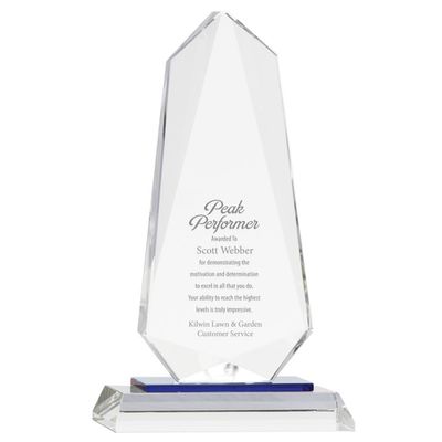 Baudville Engraved Crystal Sky Blue Accent Award - Tower Trophy - Personalized - Comes Gift Boxed