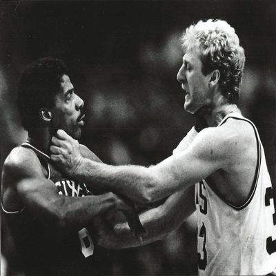 Basketball Larry Bird & Julius Irving Fight - 20"x24" Photo, Mounted in 22"x28" Double Matt and Framed with Plexi Glass