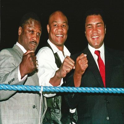 Box Boxing Heavyweight Legends Joe Frazier, George Foreman, and Muhammad Ali - 20"x24" Photo, Mounted in 22"x28" Double Matt and Framed with Plexi Glass